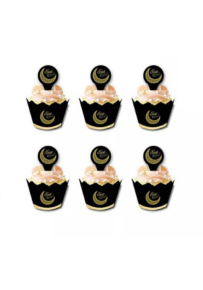 Lot de 24 pièces (12 pics et 12 Entourages) Cupcake "Eid Mubarak"