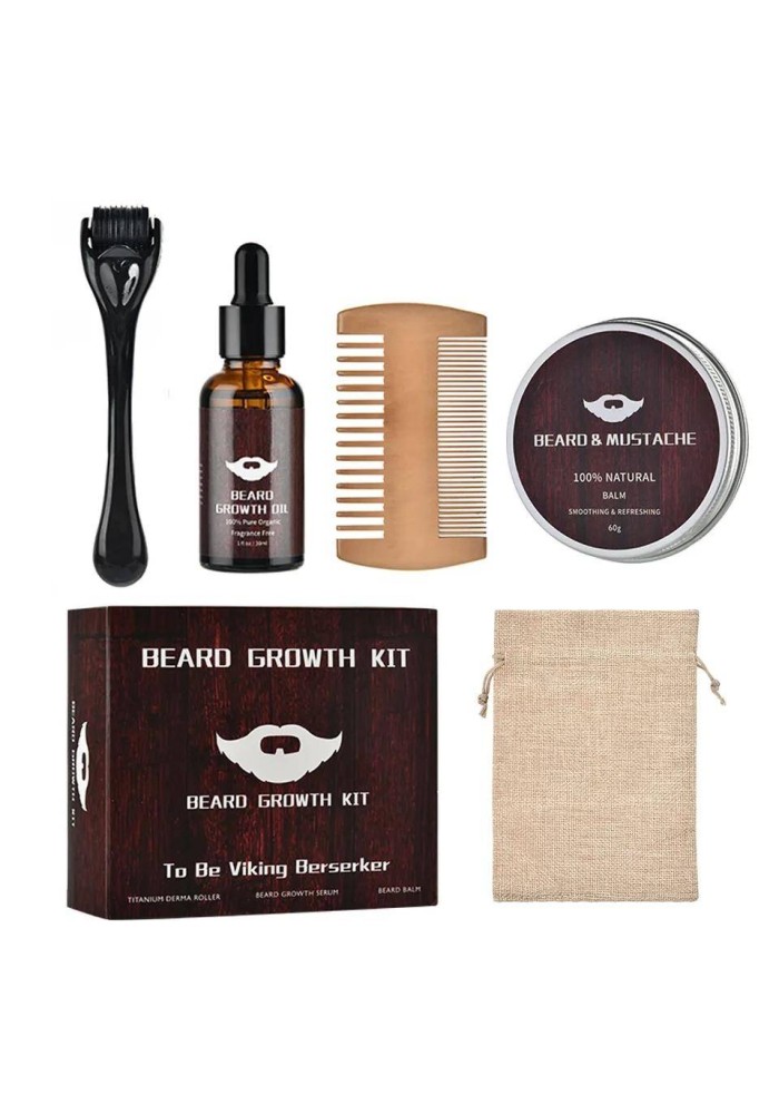 Kit Soin Barbe ( 5 pièces) Huile+Baume+Peigne+Brosse+Sacoche