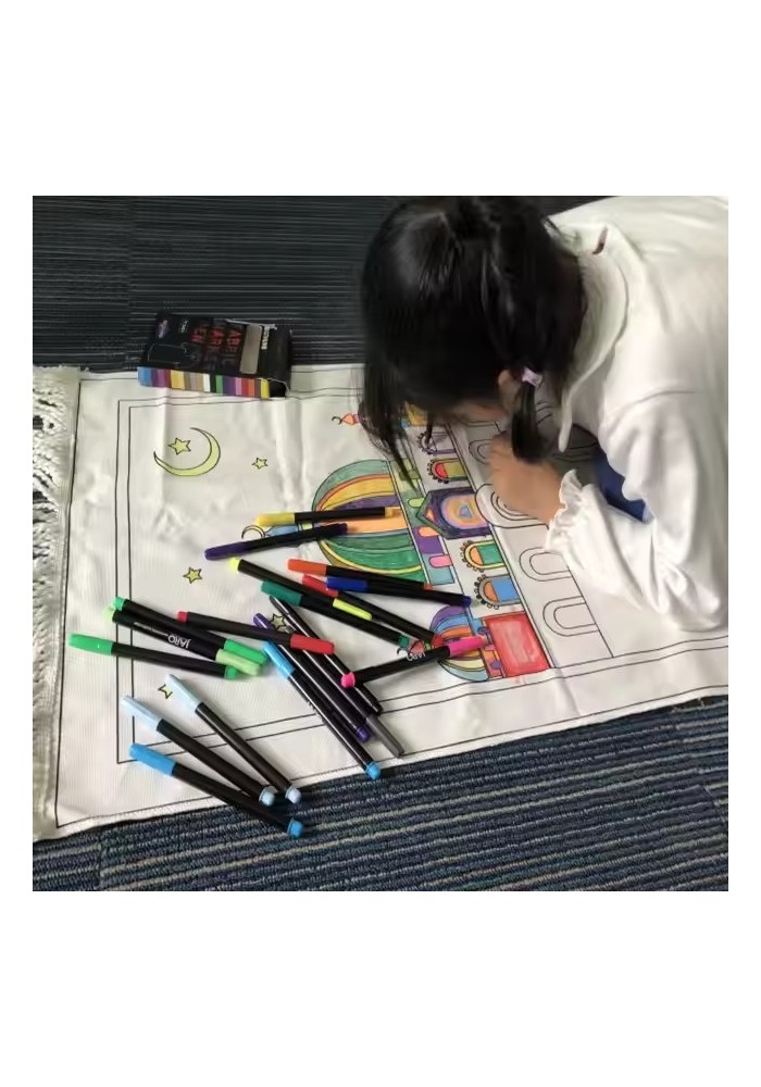 Tapis de prière à colorer (coloriage) avec feutres en couleur pour enfant musulman - Coffret bleu (garçon) ou rose (fille)