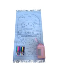 Tapis de prière à colorer (coloriage) avec feutres en couleur pour enfant musulman - Coffret bleu (garçon) ou rose (fille)