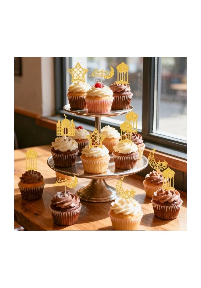 Lot de 24 Décorations Gâteau Ramadan Mubarak Dorées