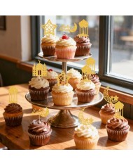 Lot de 24 Décorations Gâteau Ramadan Mubarak Dorées