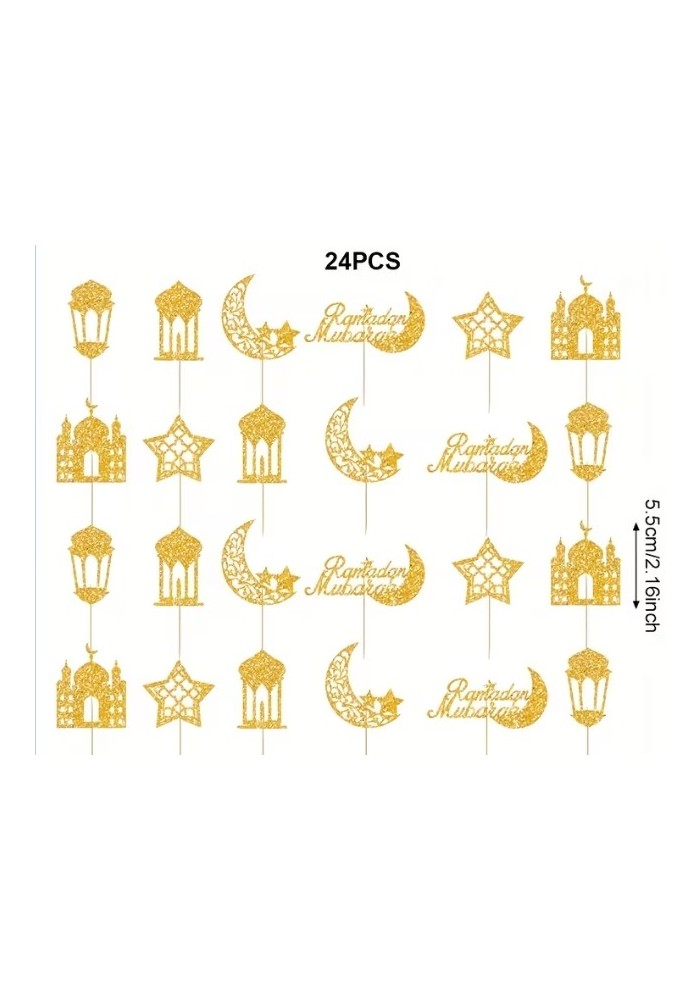 Lot de 24 Décorations Gâteau Ramadan Mubarak Dorées